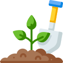 a small plant in soil and a shovel