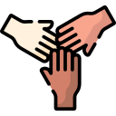 three hands of different skin colors symbolizing unity